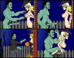 It is Halloween and a Frankenstein - like monster named Frank appears at Betty's house and asks for candy. Betty tells him she has no candy, but Frank notices her very large breasts and strips her and himself naked. Betty then notices that she is naked. Lightning flashes and he has sex with her in various ways. In the end, Frank blow his load.