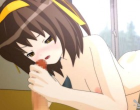 Suzumiya Haruhi wa Ore no Yome - You took your girlfriend home after the school. All the sudden a huge rain showers began and You stopped at your home because it was closer. You started to undress Haruhi and playing with her. Around 60 different scenes to see.